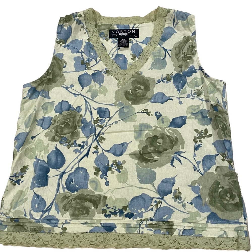 Vintage floral sleeveless lace trim v-line blouse 
୧ ⋅♡🌷🕊️ ୧ ‧₊˚ ☁️⋅♡🌷 (184)